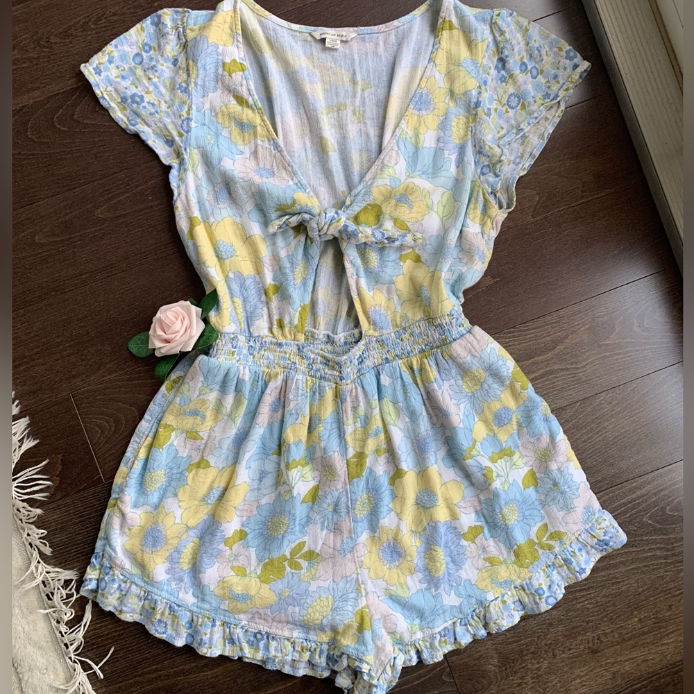 American Eagle Ruffled Floral Romper with Tie Knot Front